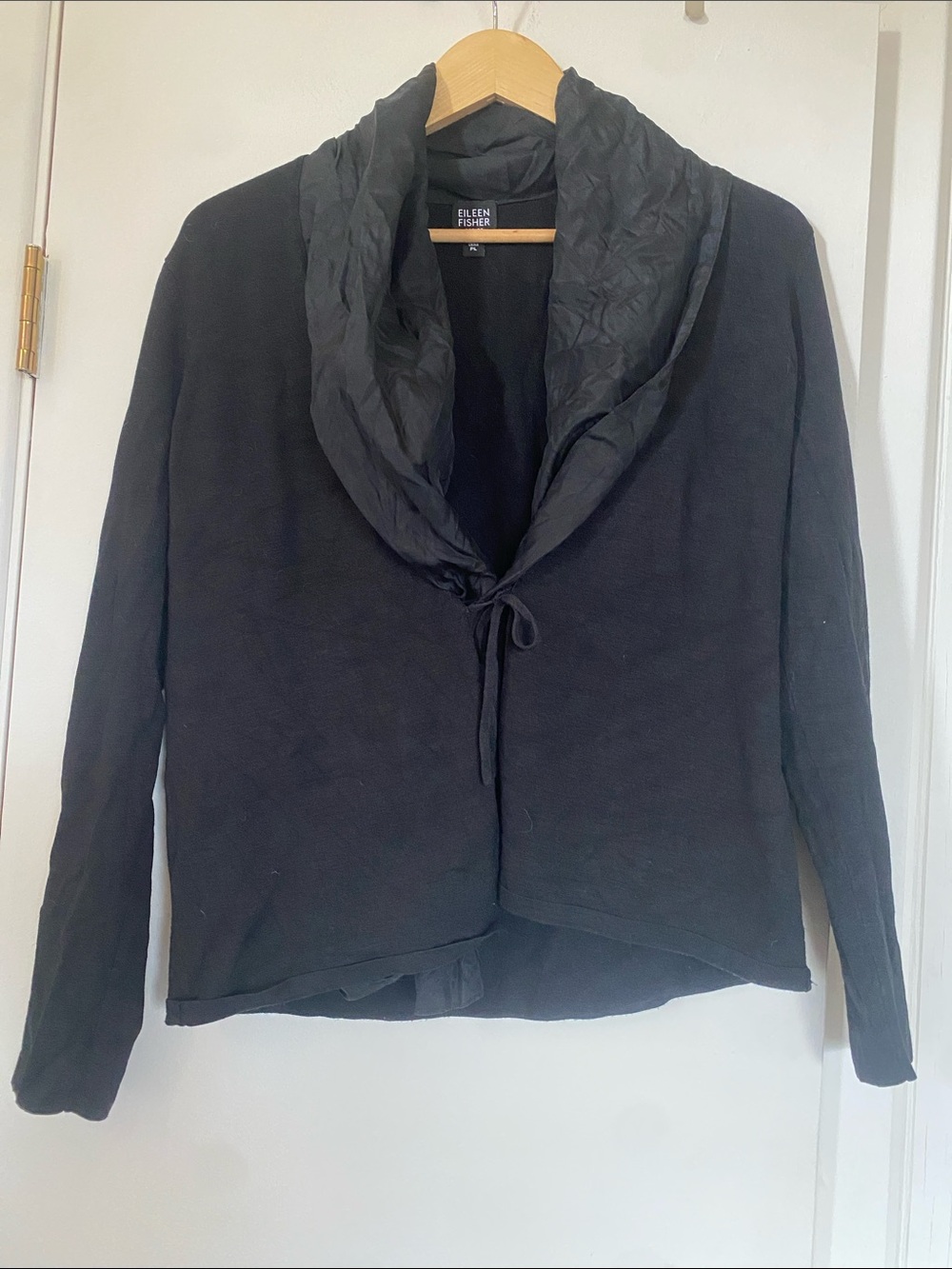 Eileen Fisher Black Open-Front Scarf-Collar Cardigan